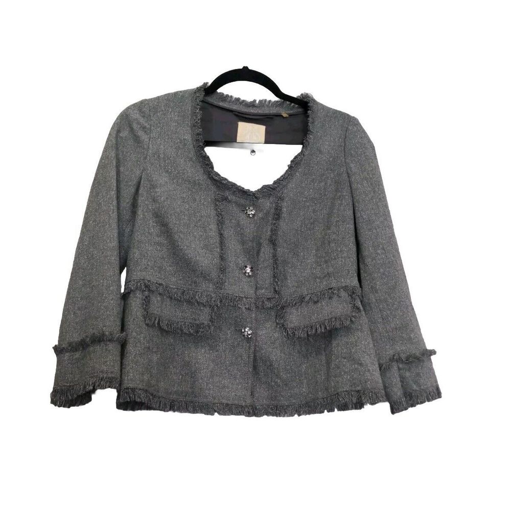 Rebecca Taylor Gray Women's Blazer Jacket Size 8 Fray Fringe Faux Pockets